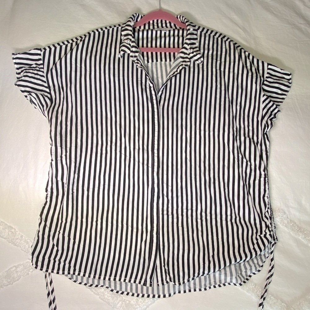 Dr2 Black and White Striped Button Down Blouse